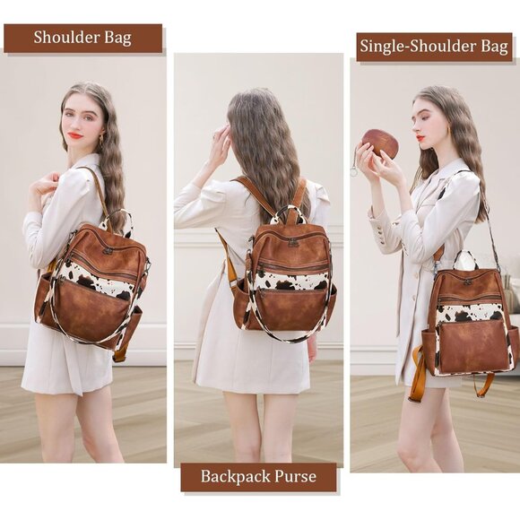 Leather Backpack Women Faux Leather Large Capacity Travel Work Daypack - Picture 6 of 7